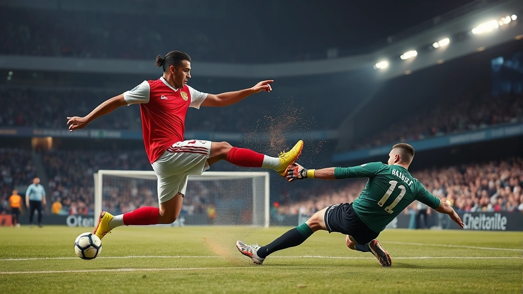 Professional football striker executing powerful shot on goal during international fixture, goalkeeper diving in background, dynamic athletic movement captured in focus