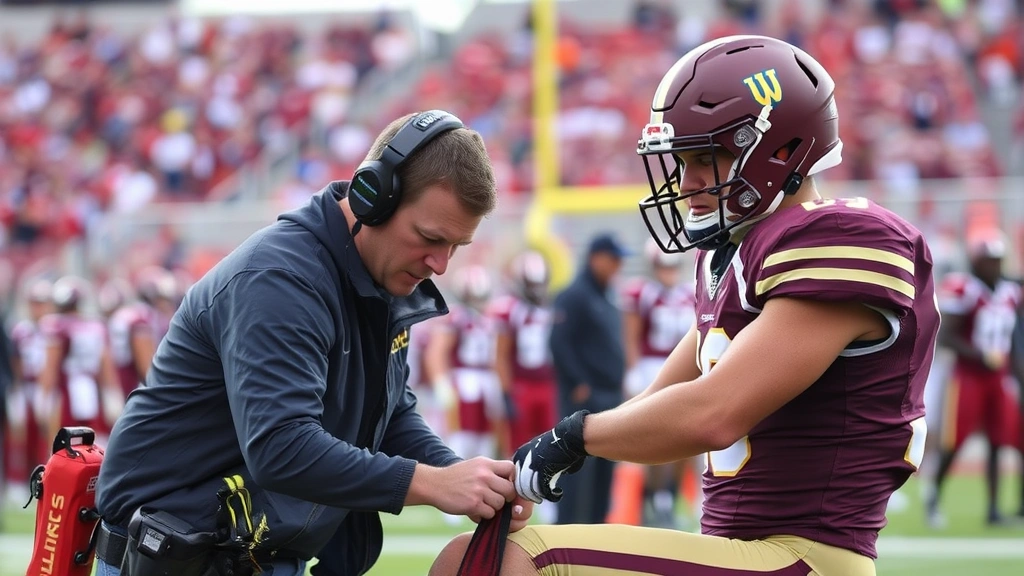 Athletic trainer assessing injured football player on sideline during college game, medical equipment visible, intense focus and professionalism