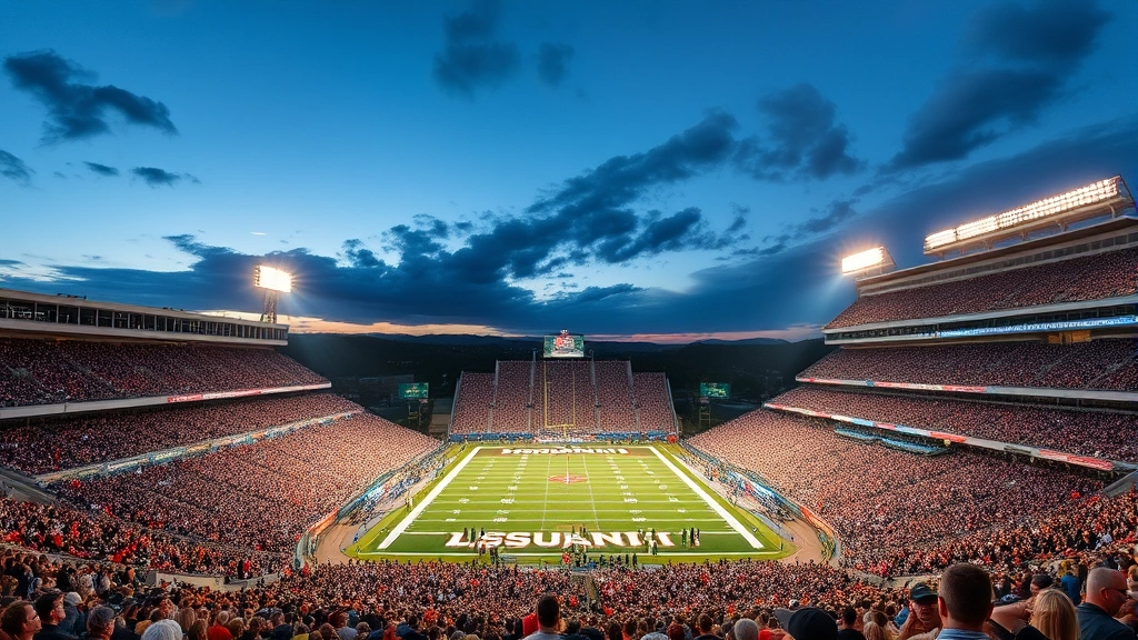 Wide stadium view during evening college football game with packed stands, floodlights illuminating field, dynamic crowd energy visible