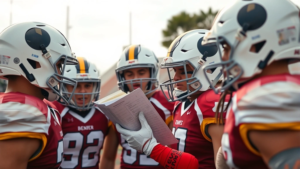 Close-up of football players in huddle during college game, coach gesturing with playbook, concentrated expressions and athletic intensity