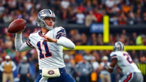Professional football quarterback throwing pass during intense competitive play, showing athletic form and concentration with stadium crowd blurred in background