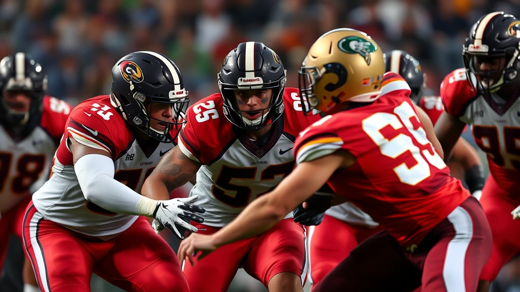 Football players in intense competitive action during mid-game play, showing athlete conditioning and physical engagement with visible sweat and effort