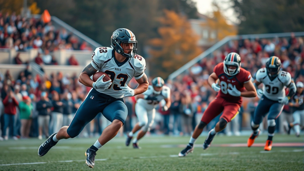 College football players in intense match during autumn afternoon, action shot mid-play with stadium crowd blurred background, dynamic athletic movement, professional lighting