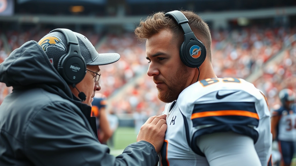 Close-up of athletic trainer providing medical attention to football player on sideline, professional sports medicine care, focused intensity, stadium background, daytime lighting