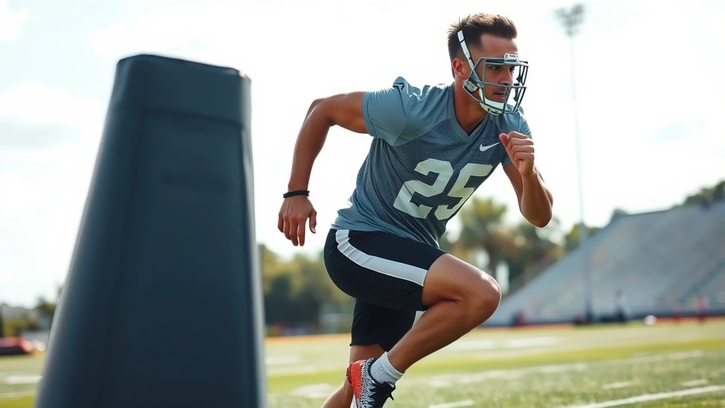 Athletic football player performing high-intensity interval training sprint drill on field, sweat visible, maximum effort explosive movement, photorealistic daytime outdoor setting