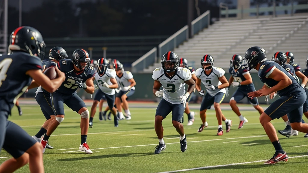 Diverse team of football players in conditioning drills, multiple positions executing training together, focused intensity, professional lighting, athletic wear, outdoor stadium environment