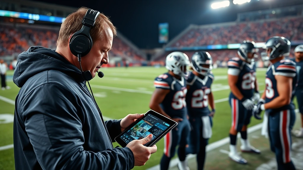 Football coach analyzing game footage and training metrics on tablet while athletes hydrate and recover on sideline, professional coaching environment, modern sports technology visible