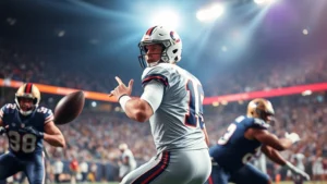 Professional football quarterback dropping back to pass during intense game action, stadium lights bright, defenders rushing, dynamic athletic movement, high energy sports photography