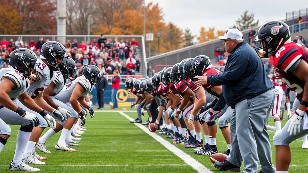 College football players lined up at scrimmage ready for snap, coach gesturing strategically on sideline, autumn stadium atmosphere, focused athlete expressions, competitive football moment