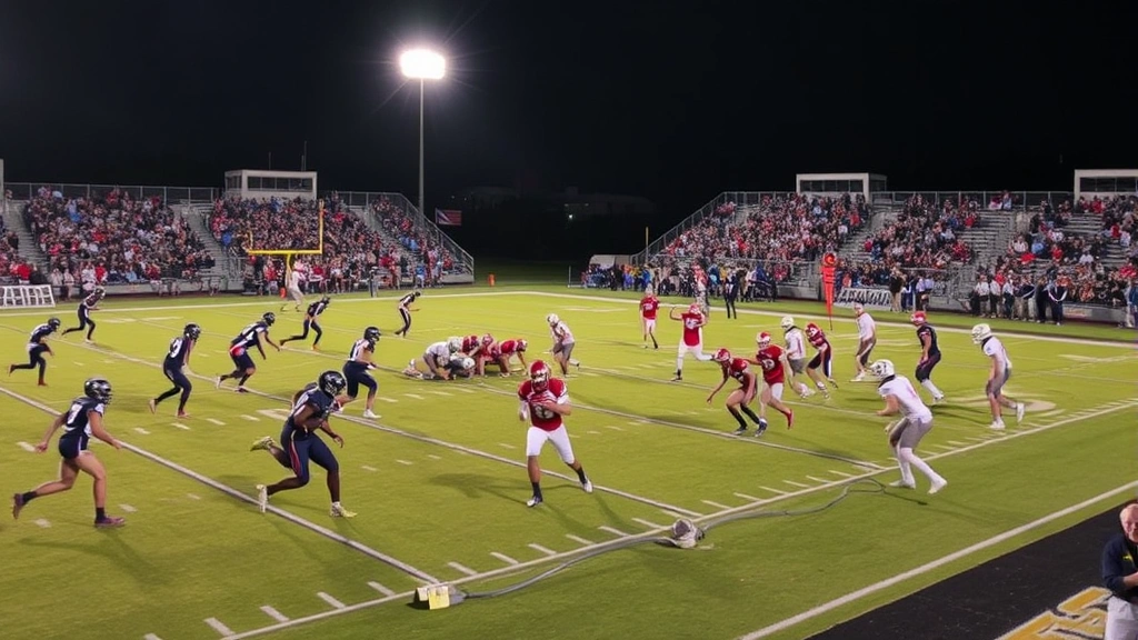 High school football game under Friday night lights, wide shot of field with players in action, crowded stadium stands in background, community atmosphere, youthful athletes playing intensely