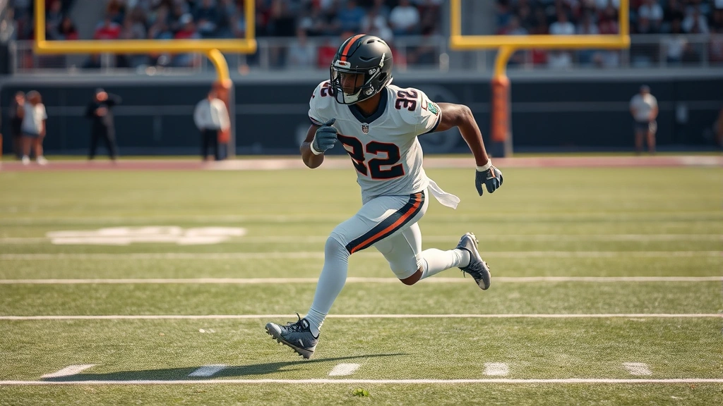 Professional football player sprinting at full speed on a regulation field with yard line markings visible, demonstrating explosive athleticism and field awareness during game action