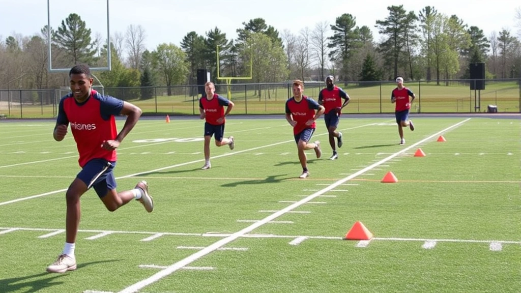 Football athletes performing agility drills and shuttle runs across the field width using yard line markers, demonstrating sport-specific conditioning and footwork development
