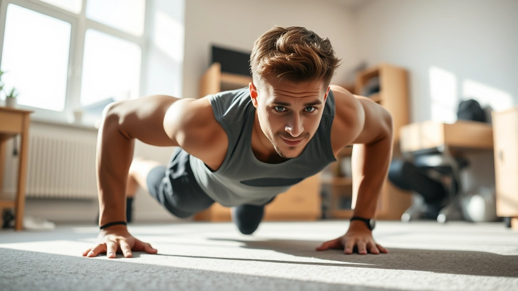 College student doing push-ups in a modern dorm room with natural sunlight, motivated expression, athletic wear, clean minimalist background