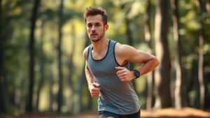 Athletic runner in mid-stride during intense outdoor running session, sweat visible, determined expression, natural daylight, forest or park background, professional sports photography style