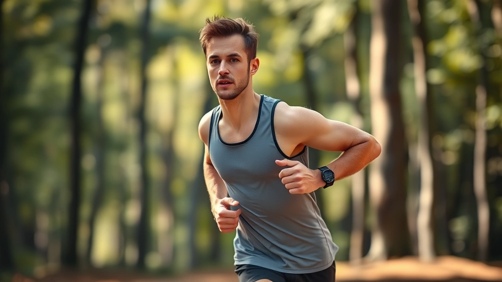 Athletic runner in mid-stride during intense outdoor running session, sweat visible, determined expression, natural daylight, forest or park background, professional sports photography style