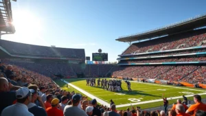 Professional football stadium filled with fans during afternoon game, bright sunlight illuminating field, players in huddle formation, scoreboard visible in background, dynamic action shot