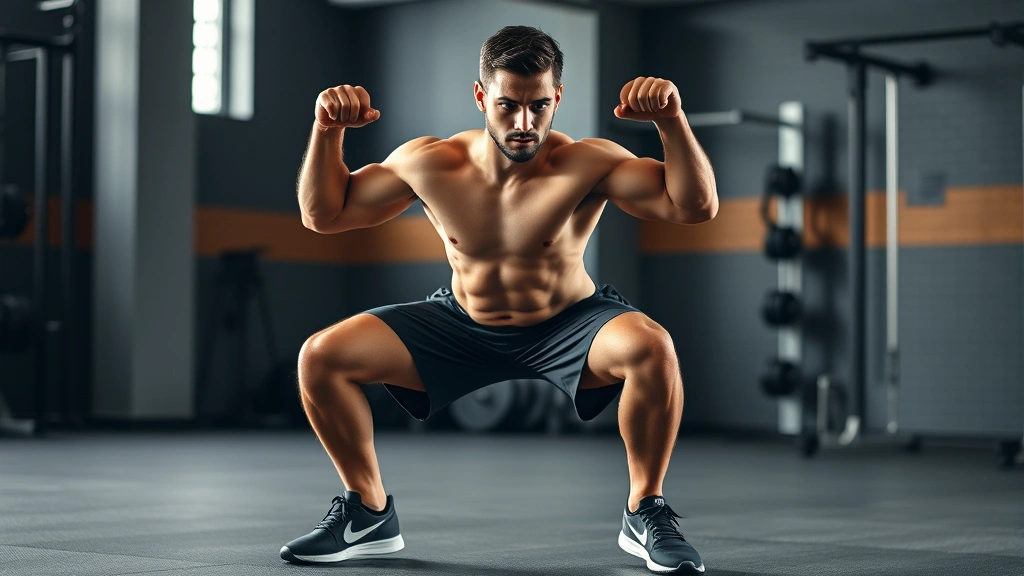 Fit athlete performing explosive jump squat exercise with perfect form, muscular legs engaged, gym setting with natural light, motivational intensity captured, athletic wear