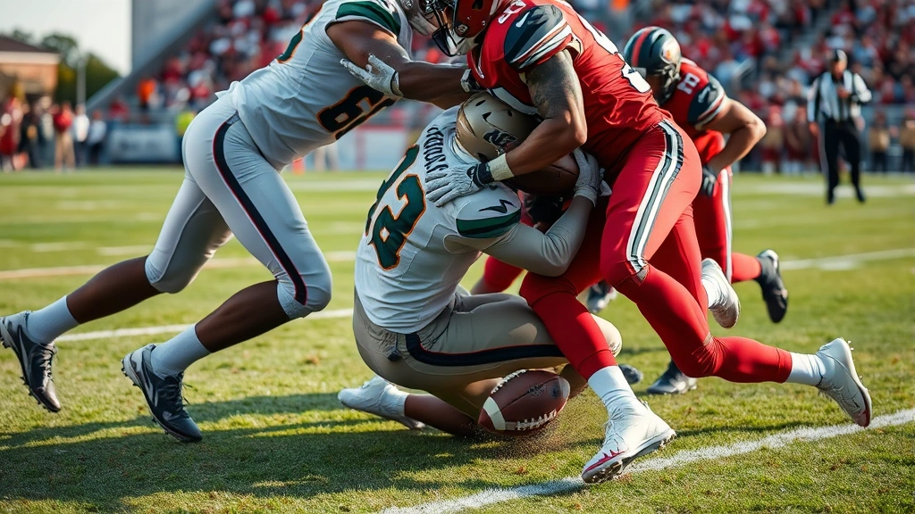 Close-up of football players in intense physical competition on field, defensive tackle and running back collision, grass and turf detail, mid-play action moment, stadium blur behind