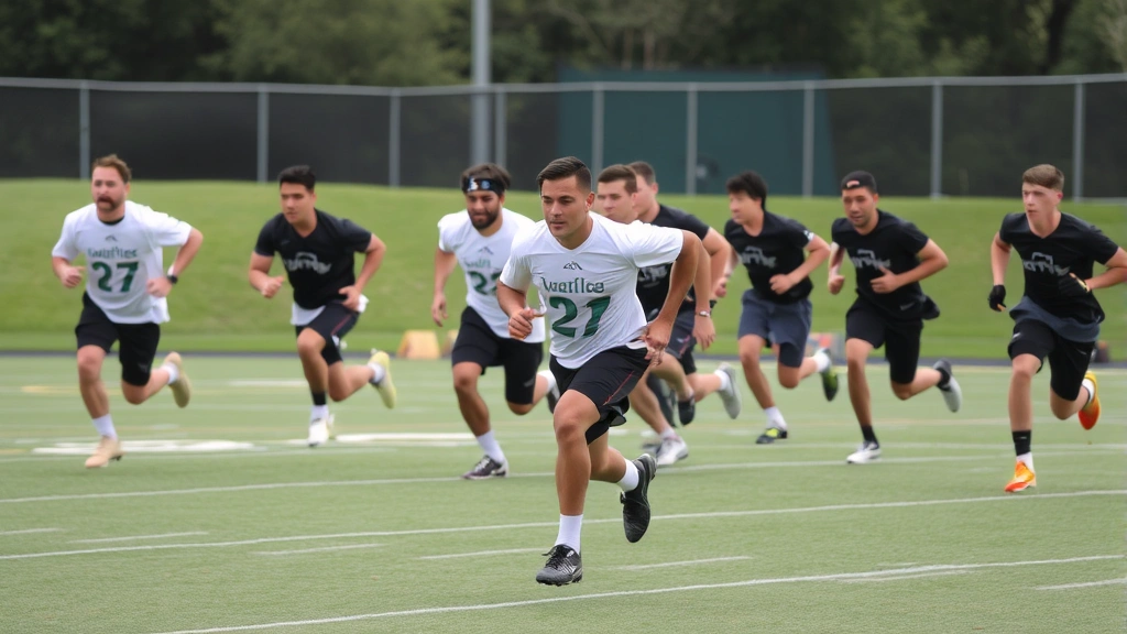 Group of football players in action during practice drill, executing high-speed sprints with focused intensity, outdoor field setting, multiple athletes showing conditioning and effort, dynamic movement