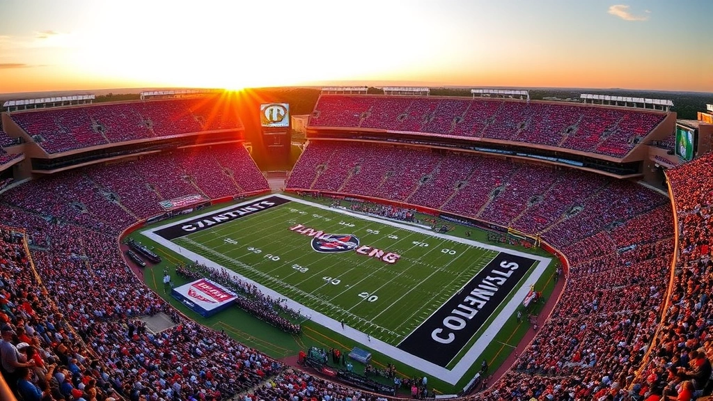 Wide aerial view of college football stadium packed with spectators, sunset lighting, field marked with yard lines, teams lined up for play, vibrant crowd energy visible