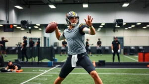 Athletic quarterback performing explosive medicine ball rotational throw in modern training facility with professional equipment and mirrors, full body visible, dynamic motion capture
