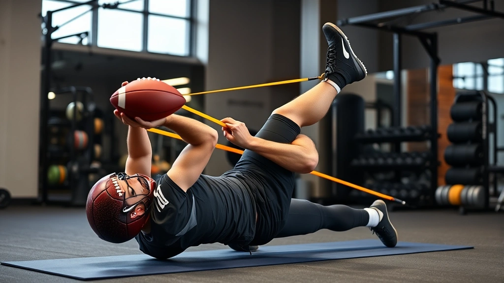 Professional quarterback performing core stability exercise using resistance bands in gym setting, showing proper form and engaged musculature, strength training environment