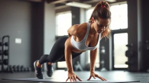 Athletic woman performing intense burpees during high-intensity interval training workout in modern gym setting, sweat visible, concentrated expression, bright lighting