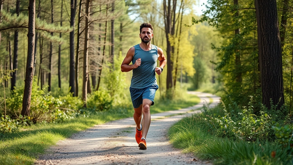 Fit male runner jogging steadily on scenic trail surrounded by trees and nature, moderate pace, peaceful expression, natural daylight, outdoor running