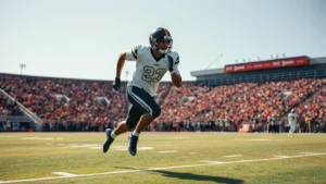 Professional athlete running at full sprint across football field during sunny afternoon game, showing full field width with yard lines visible, athletic intensity captured in motion