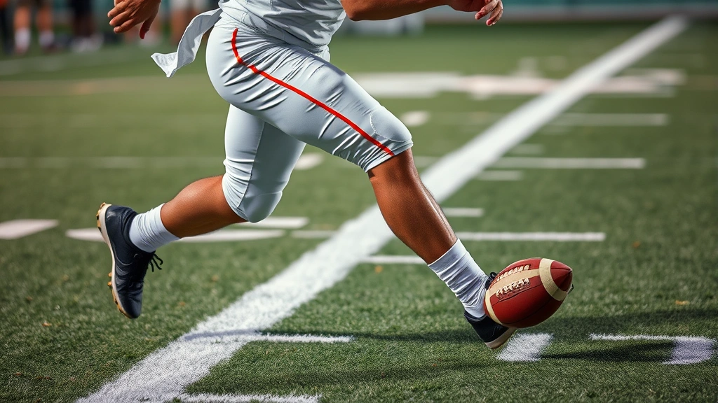 Close-up of football player making explosive cutting movement near sideline, demonstrating agility and speed with football field markings in background, dynamic athletic action