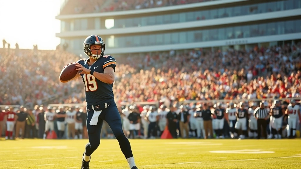 Professional football quarterback in mid-throw during intense game action, packed stadium in background, afternoon sunlight, athletic performance captured mid-motion