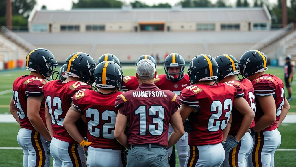 Football team huddle with players gathered closely around coach receiving tactical instructions, focused intense expressions, stadium field visible behind them