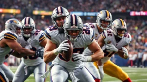 Professional NFL players in intense fourth-quarter action, exhausted expressions, sweat dripping, executing final plays with maximum effort and determination during crucial game-deciding moments, stadium lights bright