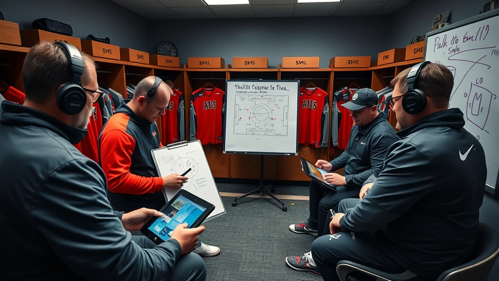 Coaching staff during halftime break: Coaches analyzing film on tablets and whiteboards, discussing strategy adjustments with players in locker room, motivational atmosphere with tactical diagrams visible