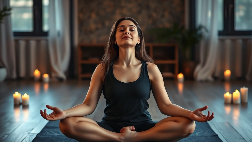Woman in peaceful meditation pose during savasana relaxation, serene expression, dimly lit studio with candles, representing mindfulness and stress reduction benefits