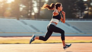 Athletic woman performing high-intensity interval training on an outdoor track, sprinting at full speed with intense focus and powerful leg drive, morning sunlight, athletic wear, motion blur effect showing velocity