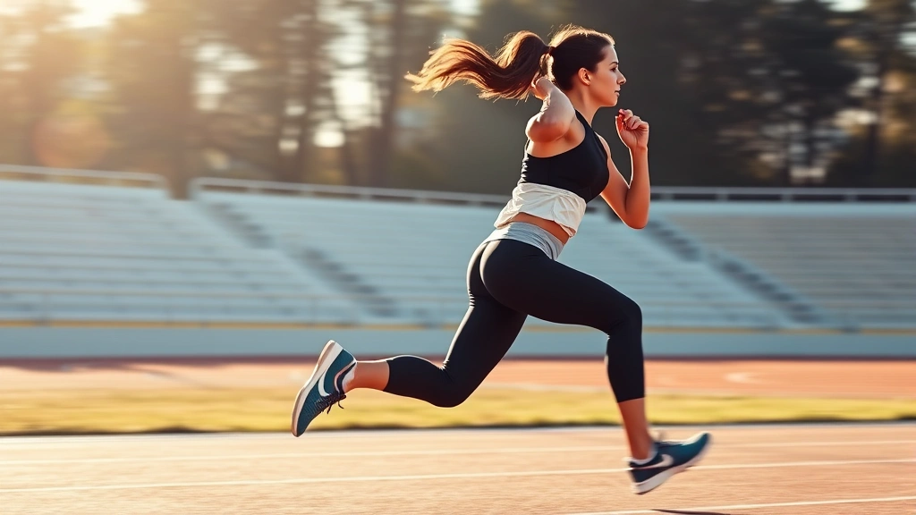 Athletic woman performing high-intensity interval training on an outdoor track, sprinting at full speed with intense focus and powerful leg drive, morning sunlight, athletic wear, motion blur effect showing velocity