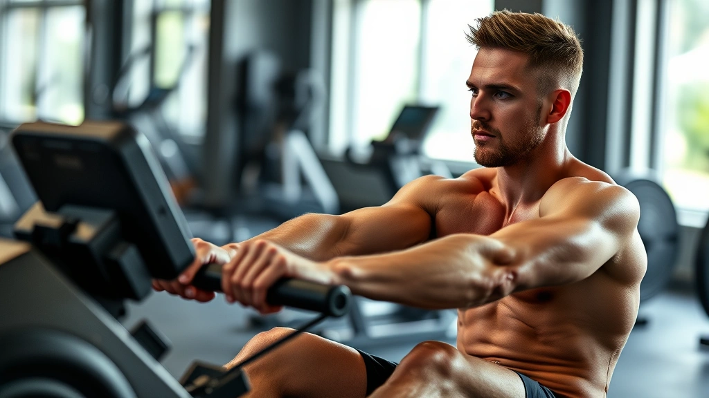 Fit male athlete rowing machine with perfect form, muscles engaged, sweat visible, indoor gym environment, concentrated expression, dynamic movement capturing cardiovascular exertion