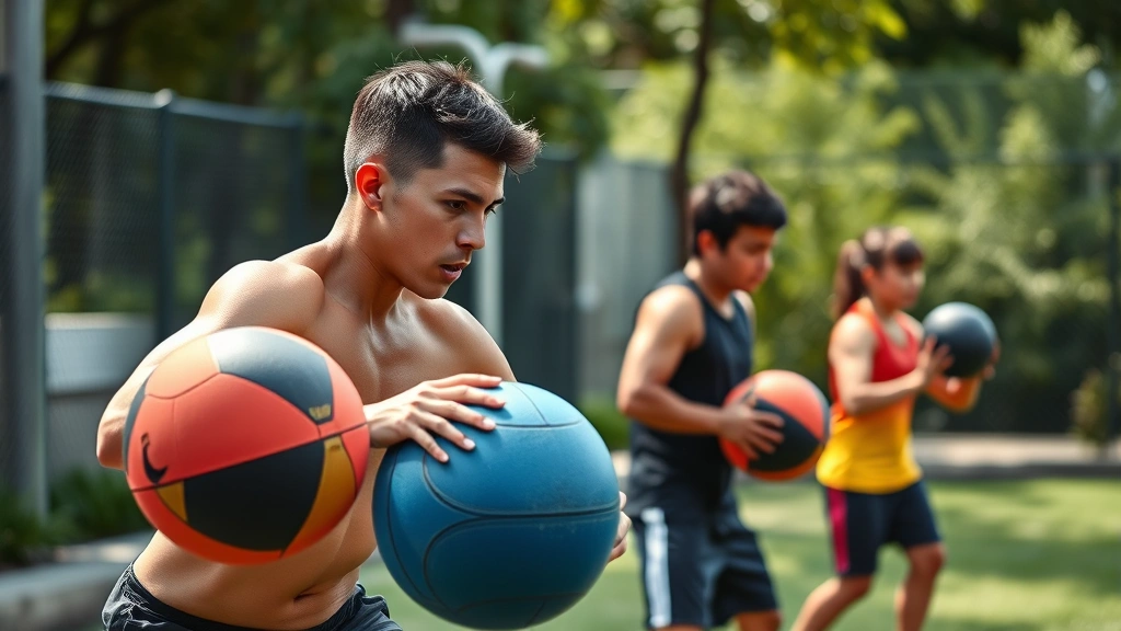 Young athletes performing circuit training with medicine balls outdoors, explosive movement, group fitness setting, natural lighting, showing functional strength and cardio combination workout