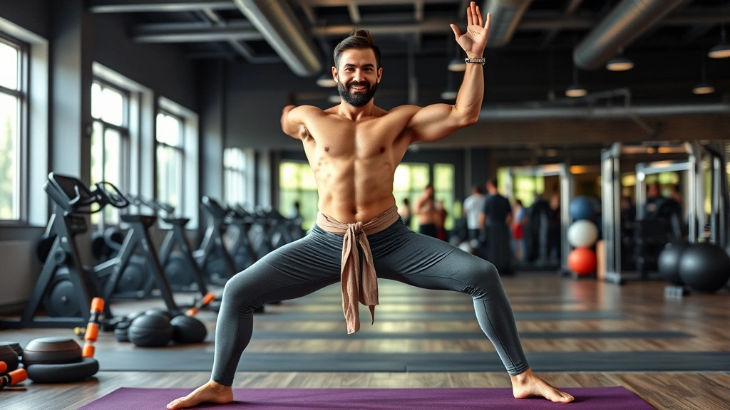 Experienced yogi holding warrior pose transition, muscular definition visible, balanced stance, gym environment