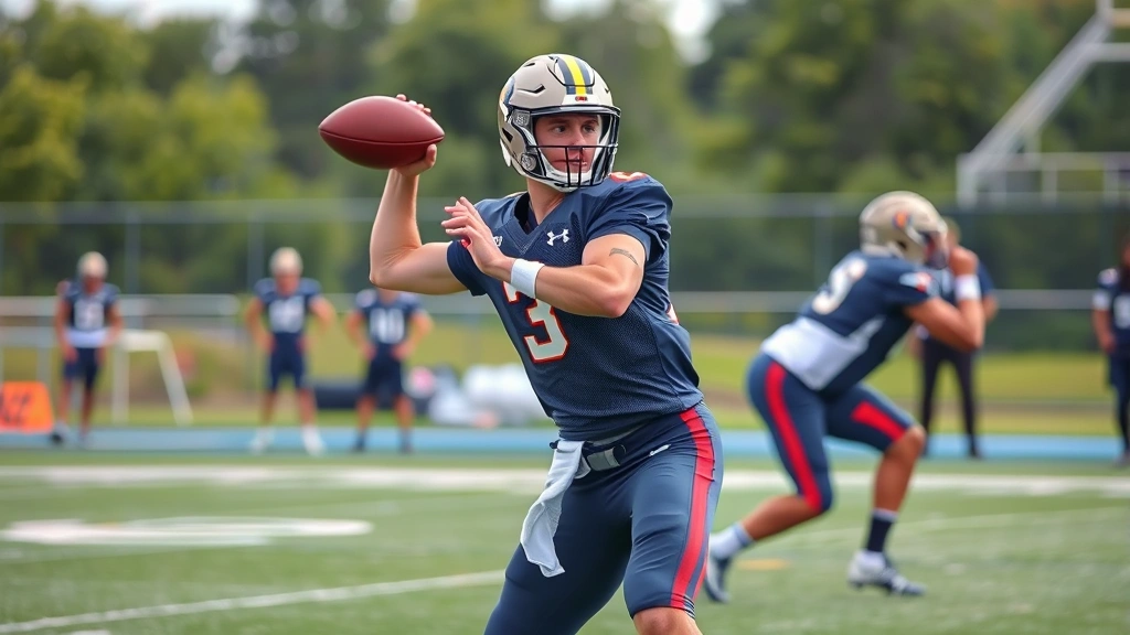 College quarterback in practice uniform executing a pump fake with proper arm positioning, footwork, and eye discipline, photorealistic athletic photography, no text