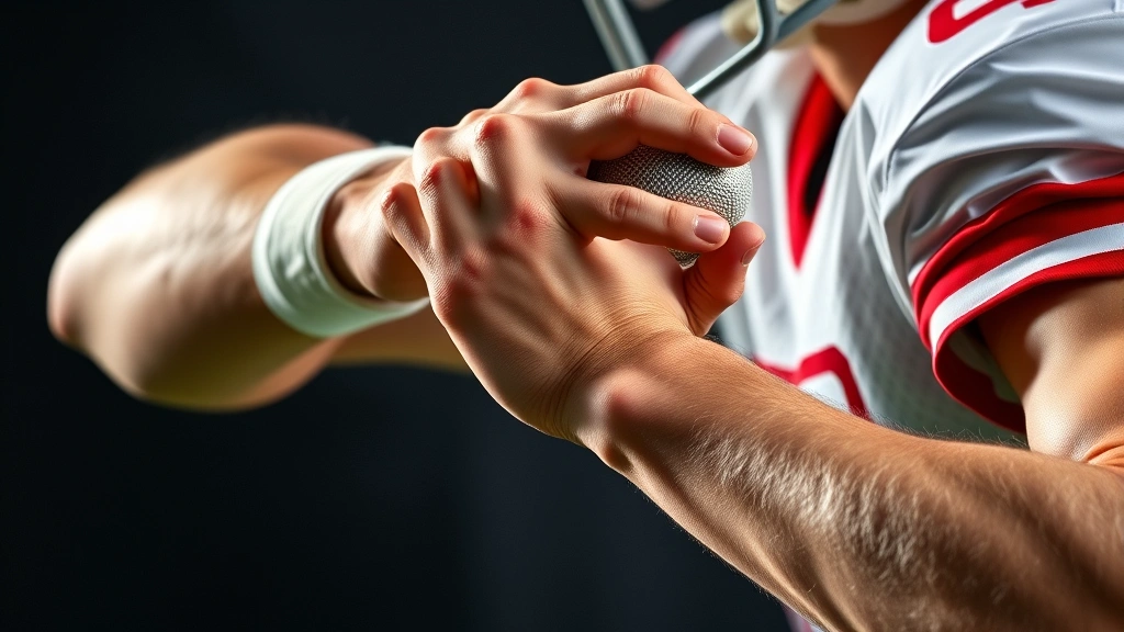 Close-up of quarterback's hand grip and arm mechanics during pump fake motion, demonstrating shoulder rotation and elbow extension technique, photorealistic sports photography, no labels