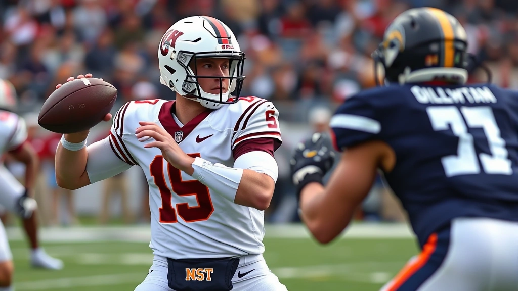 Elite college quarterback in game uniform reading defensive coverage from shotgun position, showing focused eye discipline and field awareness, photorealistic action photography, no text