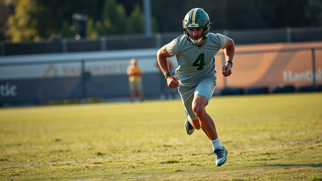 Professional football player performing high-intensity sprint training on grass field, muscles engaged, athletic movement captured mid-stride, natural outdoor lighting, photorealistic