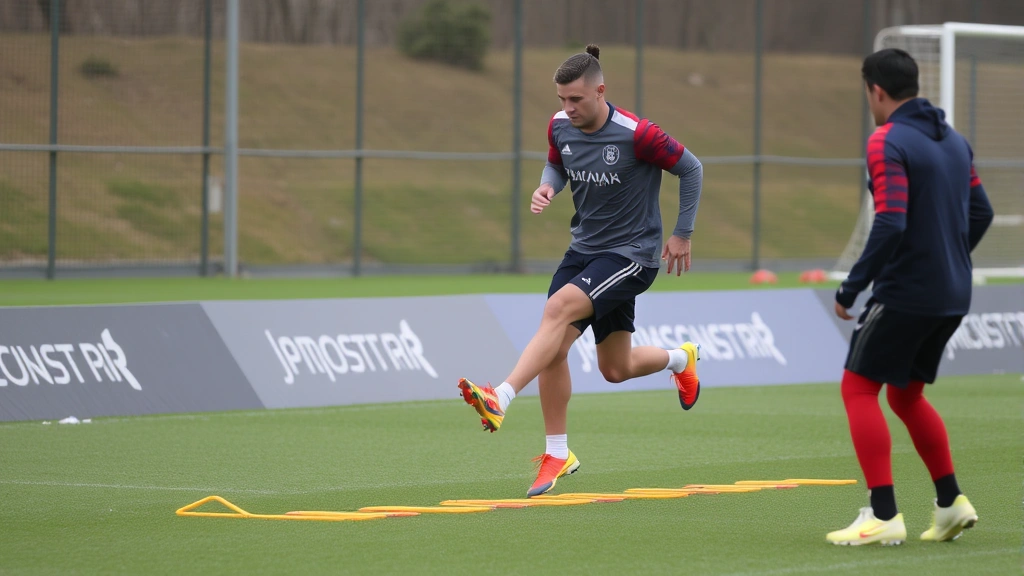 National team player completing agility ladder drill during conditioning session, rapid foot placement, explosive lateral movement, professional training environment, grass field