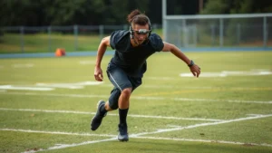 Athletic high school football player performing explosive sprint drill on grass field, full intensity maximum effort, muscles engaged, action shot dynamic movement