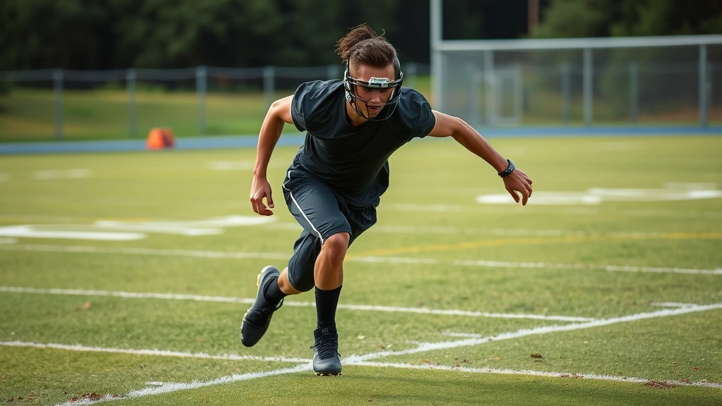 Athletic high school football player performing explosive sprint drill on grass field, full intensity maximum effort, muscles engaged, action shot dynamic movement
