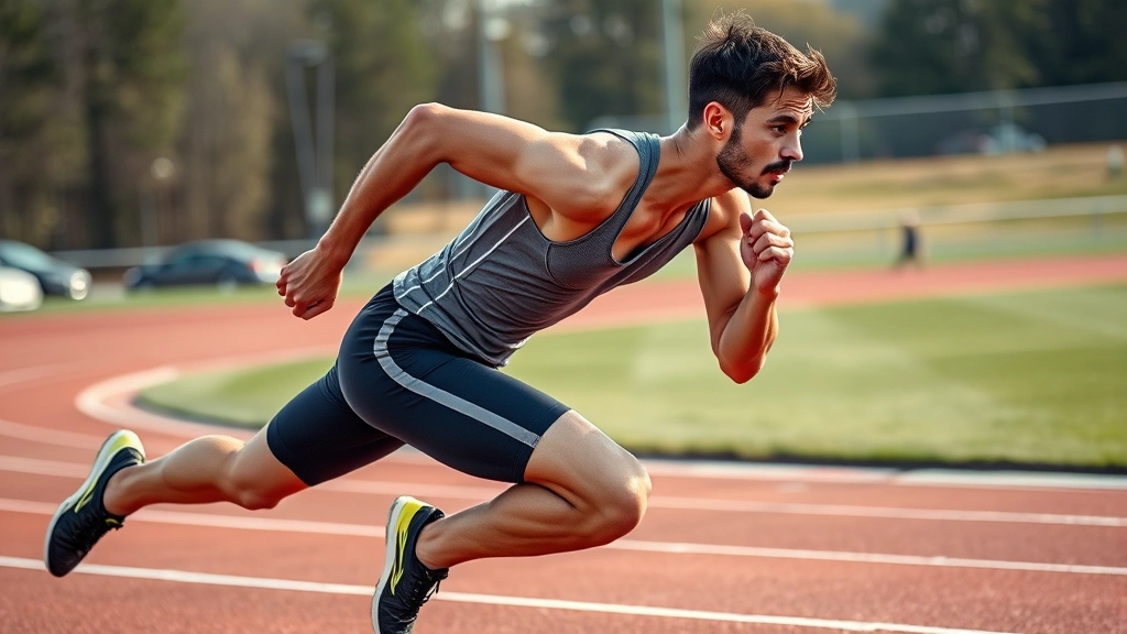Fit athlete doing high-intensity interval training sprints on outdoor track, explosive running posture, sweat visible, competitive intensity fourth quarter simulation