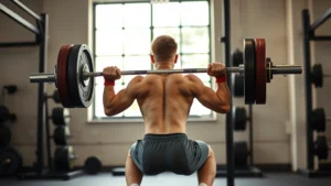 Athletic male high school football player performing heavy barbell back squat with perfect form in professional weight room with natural lighting, muscular legs under tension