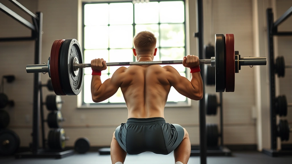 Athletic male high school football player performing heavy barbell back squat with perfect form in professional weight room with natural lighting, muscular legs under tension